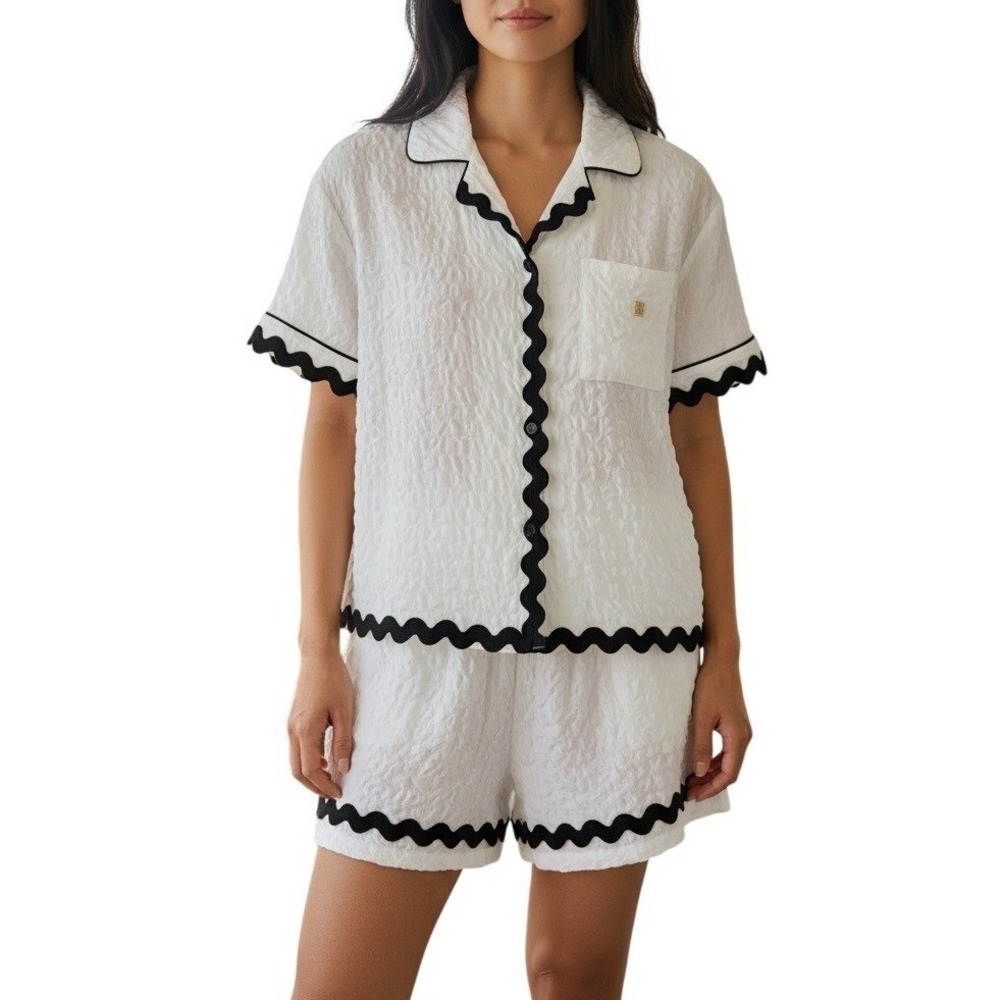 Simply Southern White Seersucker Pajama Set Short Sleeve Black‎ Trim Small NWT